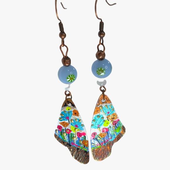 Butterfly Wing Earrings Artisan Made Copper Hand Painted Floral Art Colorful NEW - Picture 5 of 10